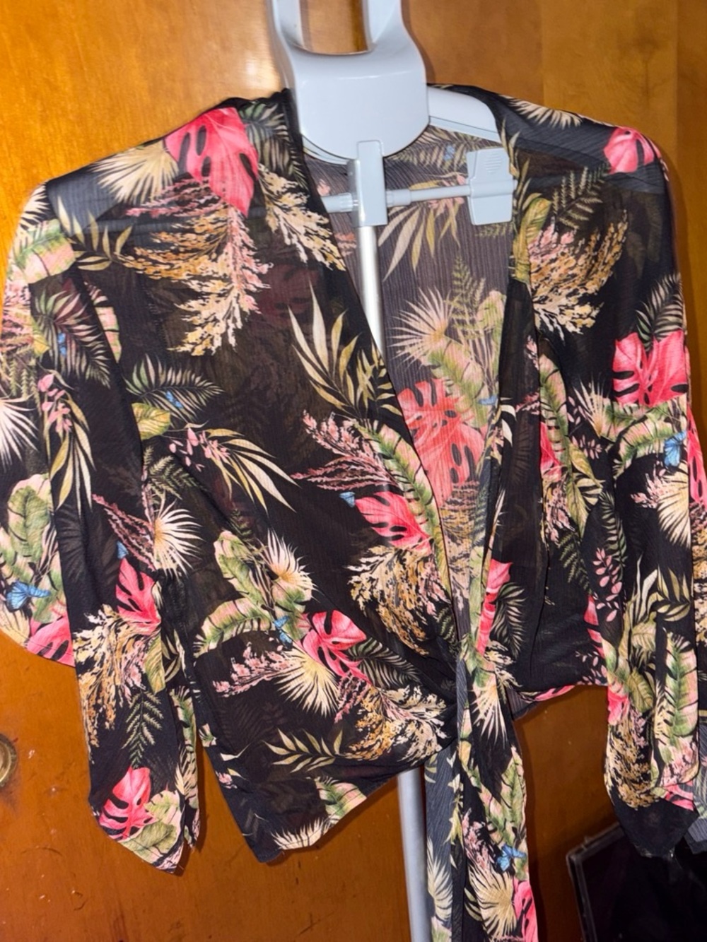 Tropical Print Tie-Front Women's Top - Black with Pink & Green crop coverup